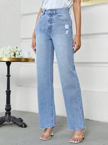 SHEIN Frenchy 素色直筒牛仔褲 - 淺色水洗藍 - 查看 3