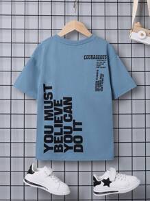 SHEIN Tween Boy Slogan Graphic Drop Shoulder Tee - Blue - View 1