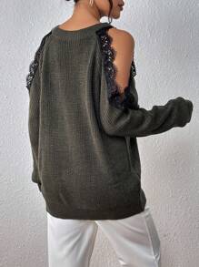 SHEIN Clasi Eyelash Lace Trim Cold Shoulder Raglan Sleeve Sweater - Dark Grey - View 2