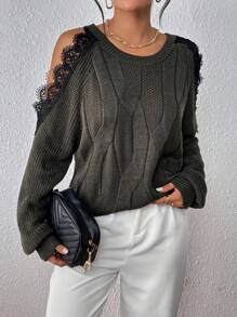 SHEIN Clasi Eyelash Lace Trim Cold Shoulder Raglan Sleeve Sweater - Dark Grey - View 3