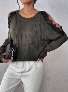 SHEIN Clasi Eyelash Lace Trim Cold Shoulder Raglan Sleeve Sweater - Dark Grey - View 4