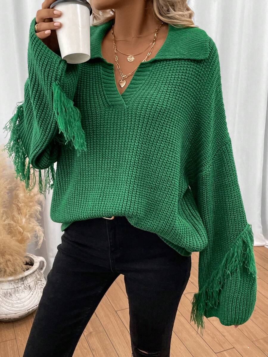 SHEIN LUNE 流蘇邊落肩袖套頭毛衣 - 綠色 - 查看 1