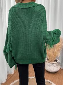 SHEIN LUNE 流蘇邊落肩袖套頭毛衣 - 綠色 - 查看 2