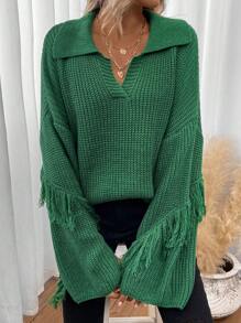 SHEIN LUNE 流蘇邊落肩袖套頭毛衣 - 綠色 - 查看 3