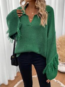 SHEIN LUNE 流蘇邊落肩袖套頭毛衣 - 綠色 - 查看 4