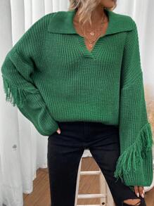 SHEIN LUNE 流蘇邊落肩袖套頭毛衣 - 綠色 - 查看 7