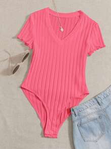 SHEIN EZwear 大碼木耳邊條紋針織連身背心 - 西瓜粉 - 查看 1