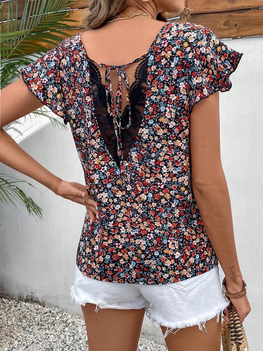 SHEIN Frenchy Ditsy Floral Print Contrast Lace Tie Back Butterfly Sleeve Blouse Black - Black - View 1