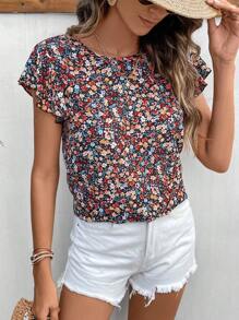 SHEIN Frenchy Ditsy Floral Print Contrast Lace Tie Back Butterfly Sleeve Blouse Black - Black - View 4