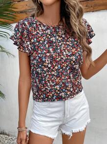 SHEIN Frenchy Ditsy Floral Print Contrast Lace Tie Back Butterfly Sleeve Blouse Black - Black - View 5