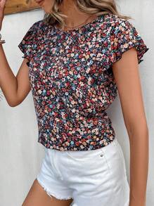 SHEIN Frenchy Ditsy Floral Print Contrast Lace Tie Back Butterfly Sleeve Blouse Black - Black - View 6