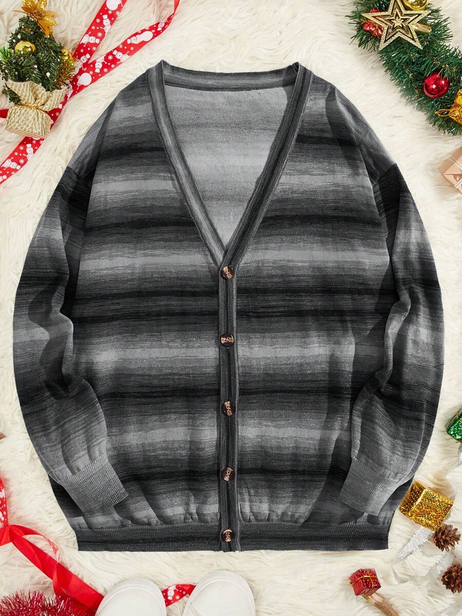 Manfinity VCAY Áo khoác cardigan nam họa tiết sọc cài nút phía trước dáng rộng, dành cho mùa thu đông - Nhiều màu - Xem 1