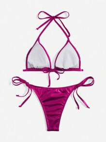 Swim Vcay 素色吊脖三角形側繫帶比基尼泳裝 - 玫紅色 - 查看 2