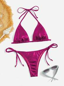 Swim Vcay 素色吊脖三角形側繫帶比基尼泳裝 - 玫紅色 - 查看 3