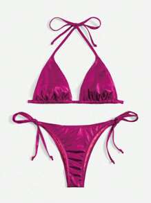 Swim Vcay 素色吊脖三角形側繫帶比基尼泳裝 - 玫紅色 - 查看 4