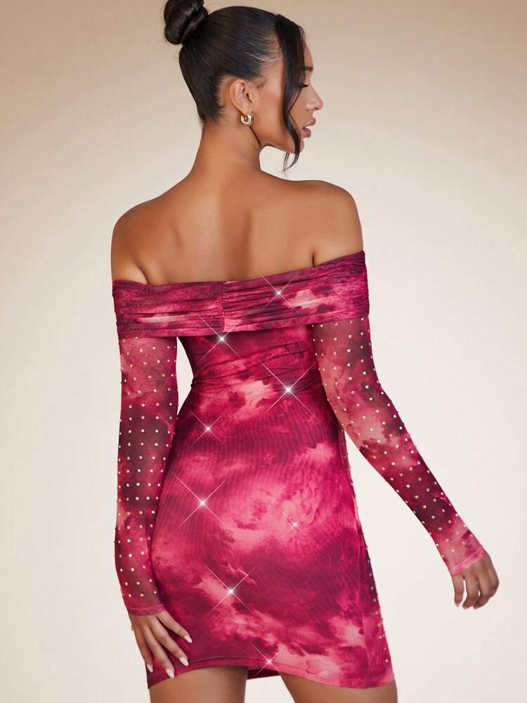 Tie Dye Off Shoulder Rhinestone Bodycon Dress