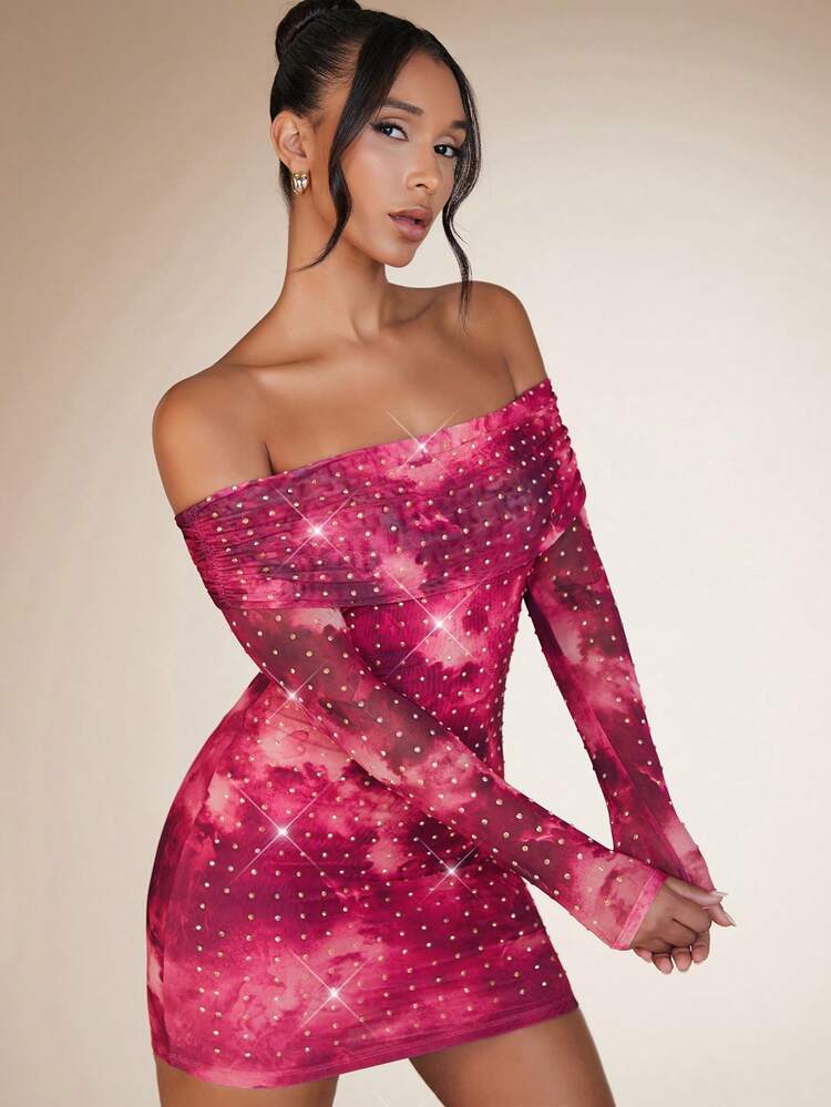Tie Dye Off Shoulder Rhinestone Bodycon Dress
