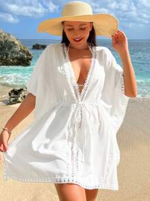 Solid Contrast Lace Knot Front Batwing Sleeve Cover Up - White - View 1