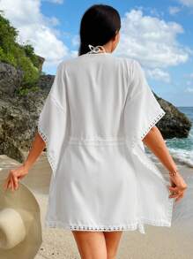 Solid Contrast Lace Knot Front Batwing Sleeve Cover Up - White - View 2