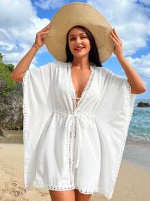 Solid Contrast Lace Knot Front Batwing Sleeve Cover Up - White - View 3
