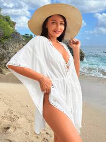 Solid Contrast Lace Knot Front Batwing Sleeve Cover Up - White - View 4