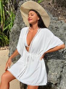 Solid Contrast Lace Knot Front Batwing Sleeve Cover Up - White - View 5