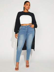 SHEIN SXY Plus Solid High Low Hem Sweater Without Tube Top - Black - View 1