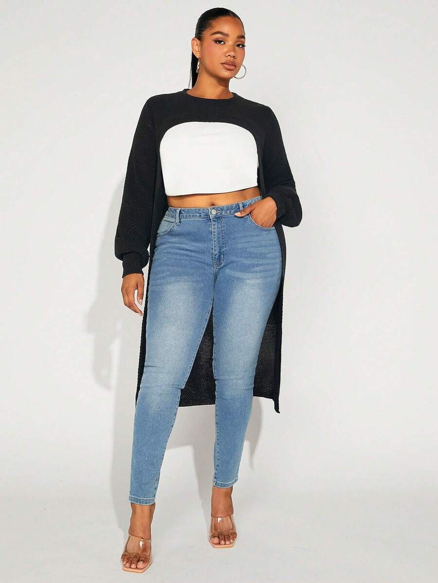 SHEIN SXY Plus Solid High Low Hem Sweater Without Tube Top - Black - View 1