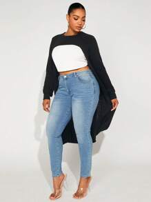 SHEIN SXY Plus Solid High Low Hem Sweater Without Tube Top - Black - View 4