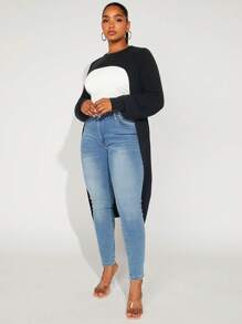 SHEIN SXY Plus Solid High Low Hem Sweater Without Tube Top - Black - View 5