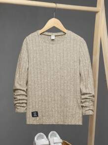 SHEIN Leap Crew Tween Boy Letter Patched Detail Tee - Khaki - View 1