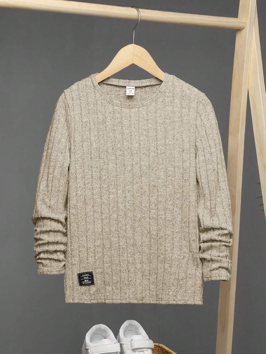 SHEIN Leap Crew Tween Boy Letter Patched Detail Tee - Khaki - View 1