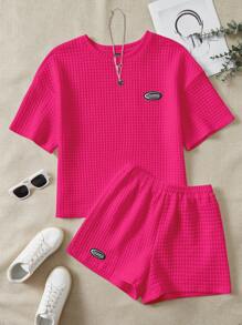SHEIN EZwear Letter Patched Drop Shoulder Tee & Shorts - Hot Pink - View 1