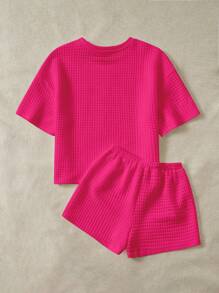 SHEIN EZwear Letter Patched Drop Shoulder Tee & Shorts - Hot Pink - View 2