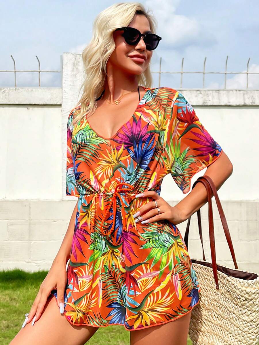 SHEIN Swim Summer Beach Tropical Print Tie Front Cover Up Dress - Multicolor - View 1