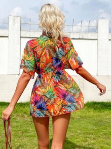 SHEIN Swim Summer Beach Tropical Print Tie Front Cover Up Dress - Multicolor - View 2