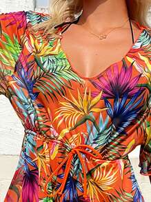 SHEIN Swim Summer Beach Tropical Print Tie Front Cover Up Dress - Multicolor - View 3