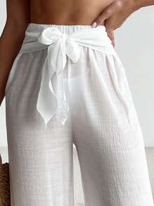 Swim Chiccia 素色前繫帶闊腿罩衫長褲 - 白色 - 查看 5