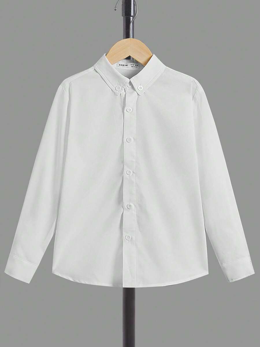 SHEIN 男童纯色前开襟休闲白色长袖衬衫 - 白色 - 查看 1