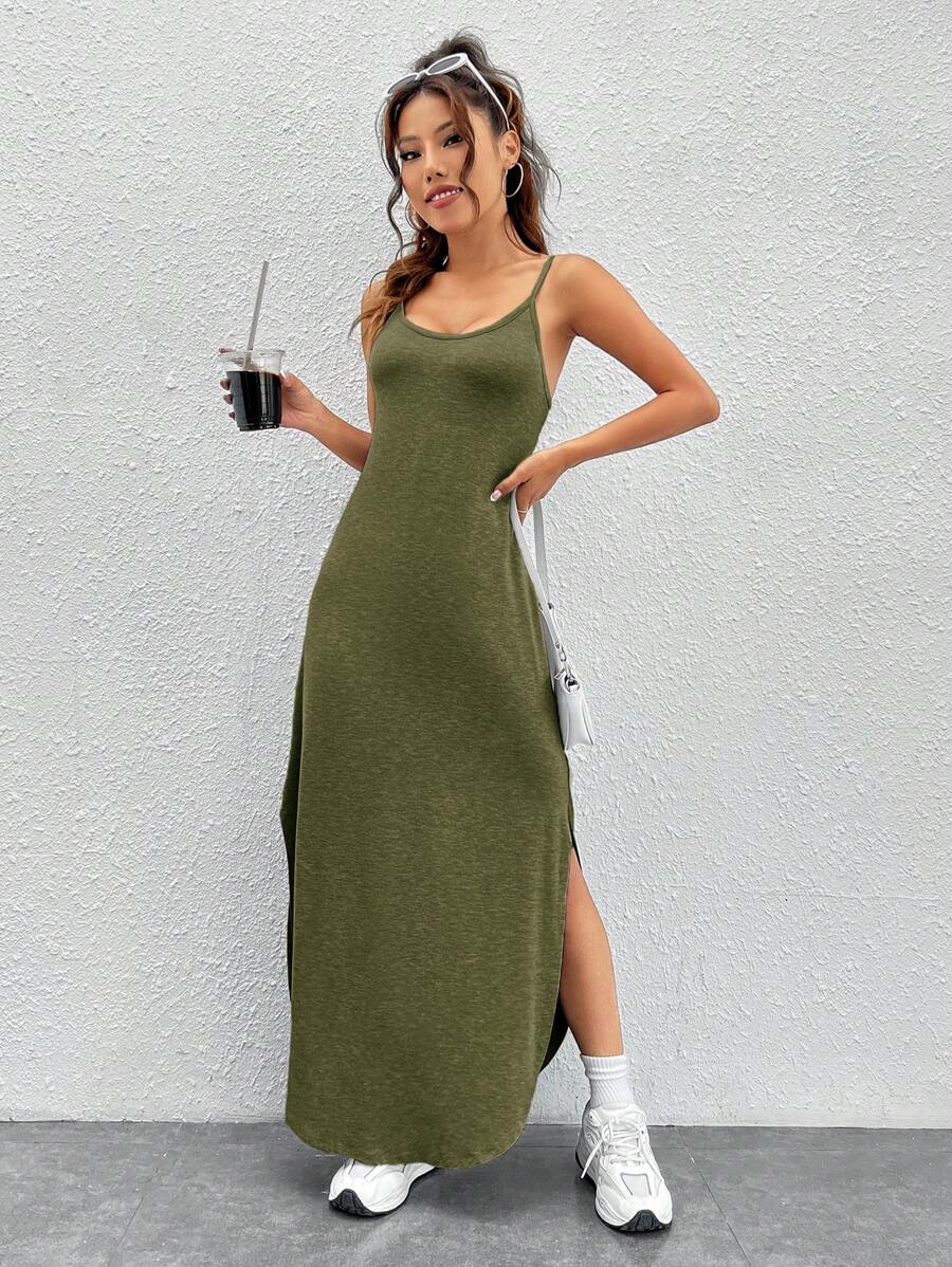 SHEIN EZwear Chất rắn Tách đùi Váy Dây - xanh quân đội - Xem 1