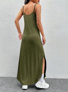 SHEIN EZwear Chất rắn Tách đùi Váy Dây - xanh quân đội - Xem 2