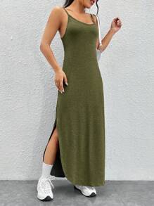 SHEIN EZwear Chất rắn Tách đùi Váy Dây - xanh quân đội - Xem 5