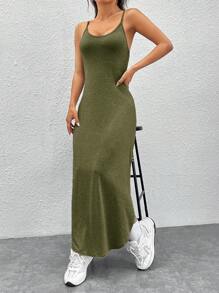 SHEIN EZwear Chất rắn Tách đùi Váy Dây - xanh quân đội - Xem 6