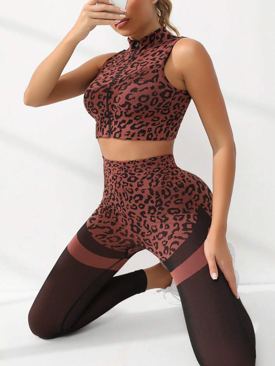 Gameset SHEIN Sport Leopard Print Zip Up Sports Set - Brown - View 1