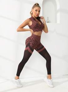 Gameset SHEIN Sport Leopard Print Zip Up Sports Set - Brown - View 3