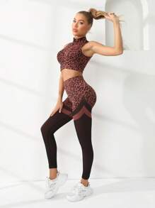 Gameset SHEIN Sport Leopard Print Zip Up Sports Set - Brown - View 4