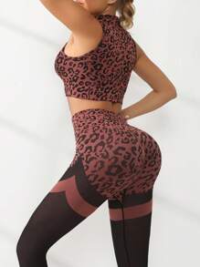 Gameset SHEIN Sport Leopard Print Zip Up Sports Set - Brown - View 6