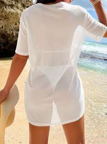 Swim Vcay Summer Beach Solid Sheer Mesh Cover Up Dress - White - View 2