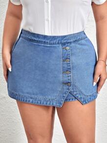 SHEIN Essnce Plus Button Front Denim Skort - Light Wash - View 1