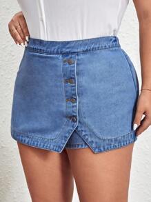 SHEIN Essnce Plus Button Front Denim Skort - Light Wash - View 4